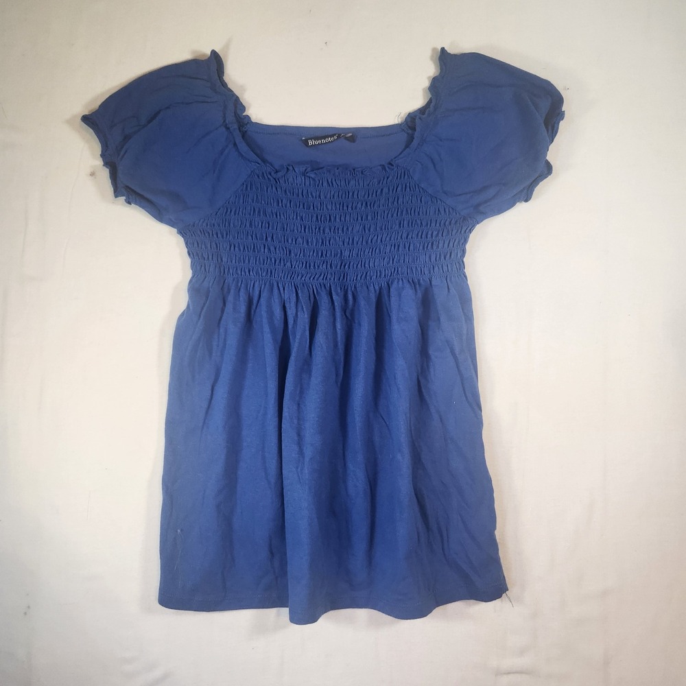 Bluenotes Womens Blue Smocked Babydoll Top Square Neck Short Sleeve Size Medium